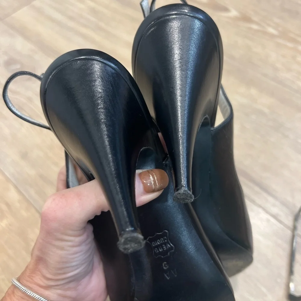 BRUNO MAGLI black leather peep toe sling shoes with gold accent on the toe - Picture 15 of 16